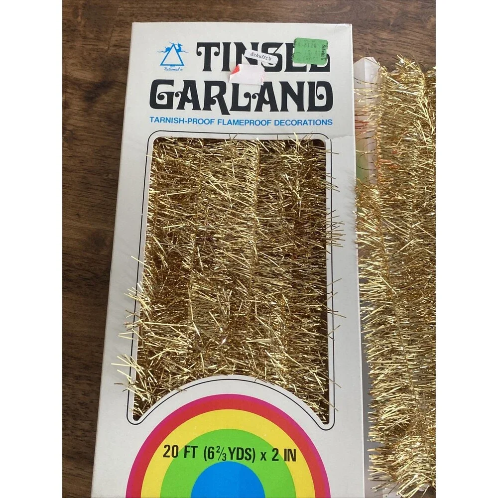 Vintage Christmas Garland Gold 30+ Feet 2” Box New Old Stock NEAT BOX Holiday